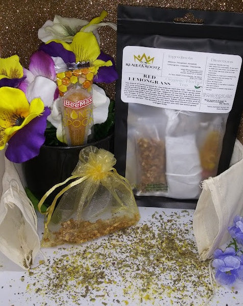 Feeling a little stressed out and just want a relax calm feeling than this is the tea just for you. Some of the herbs in this tea like Lavender helps with that. Or maybe you have some inflammation, or need to boost your iron.  Enjoy our Large Red Lemongrass Tea. It comes with 2 Tea Bags, a bag of Organic Lemon Peel, and 1 Honey Spoon. Don't fret about having a one time use. Our tea bags can be used more than once. So enjoy until the flavor is not to your liking. 