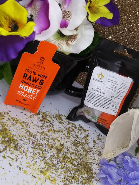 Feeling a little stressed out and just want a relax calm feeling than this is the tea just for you. Some of the herbs in this tea like Lavender helps with that. Or maybe you have some inflammation, or need to boost your iron.  Enjoy our Small Red Lemongrass Tea. It comes with 1 Tea Bag, and 1 Honey Packet. Don't fret about having a one time use. Our tea bags can be used more than once. So enjoy until the flavor is not to your liking. 
